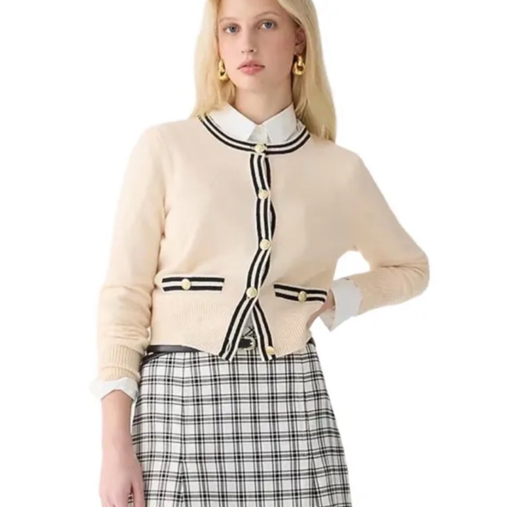 J.Crew Cashmere Cardigan Beige Ivory Blue Piping Size XL NWOT